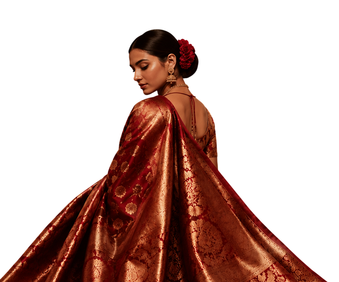 Model draped in a crimson and gold Zari saree